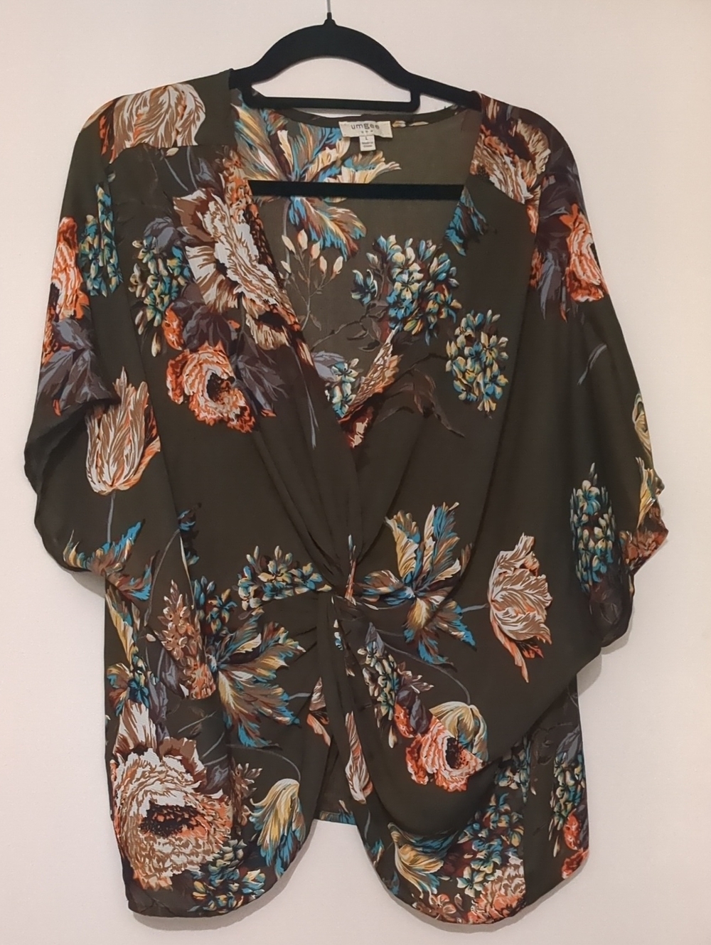 Umgee Olive Floral Twist-Front Blouse with Teal & Rust Accents